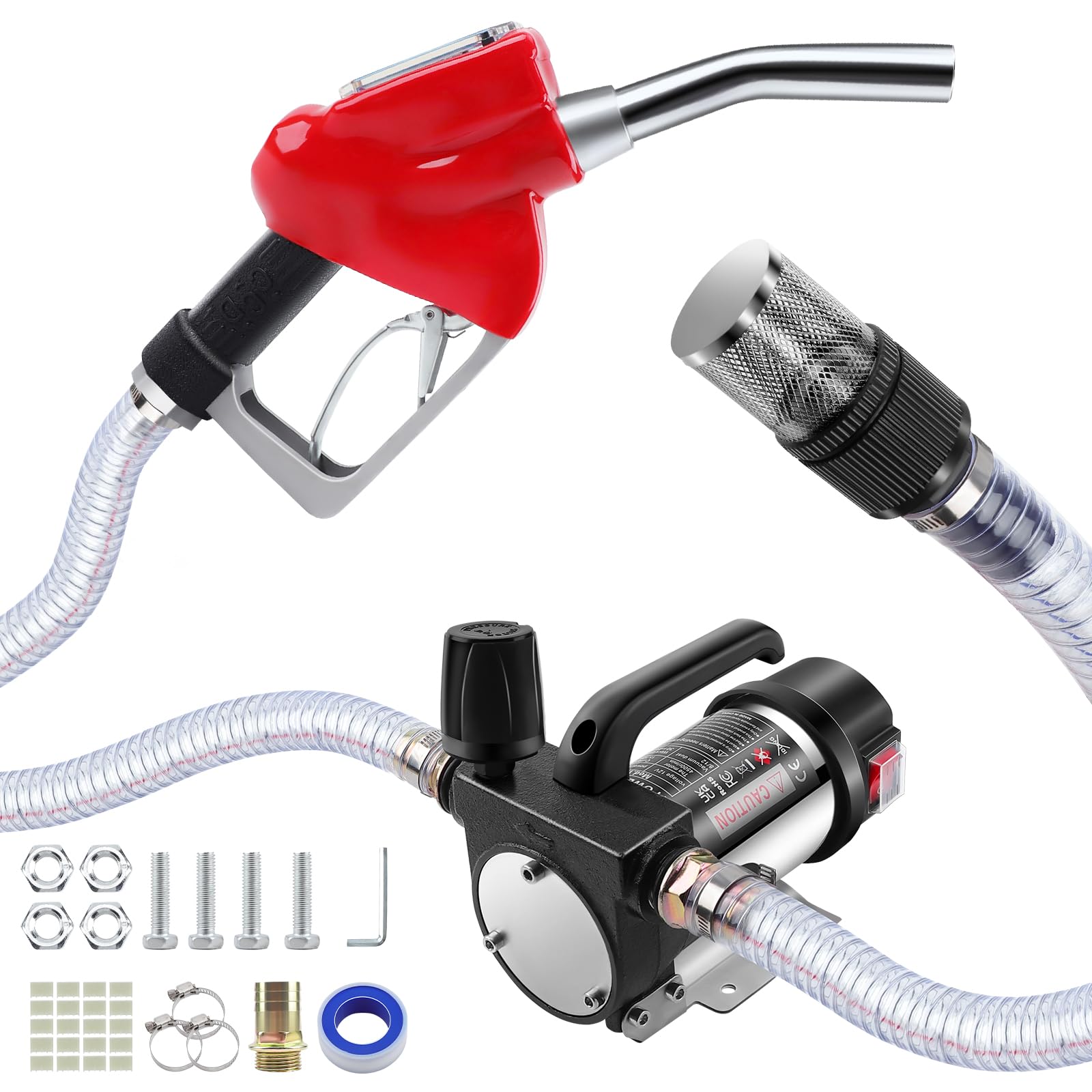 KAOLALI Bomba de Transferencia de Diesel 12V 990W, Bomba de Transferencia de Combustible con Boquilla de Auto Apagado y Mangueras, Kit de Bomba Extractora Eléctrica de Transferencia de Autocebante