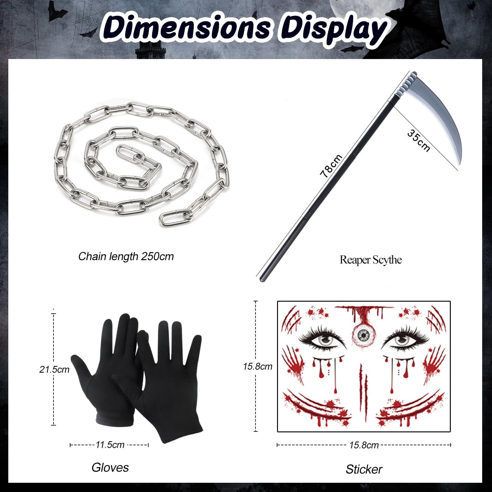 YADODO Grim Reaper Costume Kids Girls 8-10 with Scythe Chain Gloves Stickers Scary Halloween Grim Reaper Outfit Fancy Dress for Girls Ghost Face Skull Scream Zombie Death Costume for Kids Halloween - Image 3