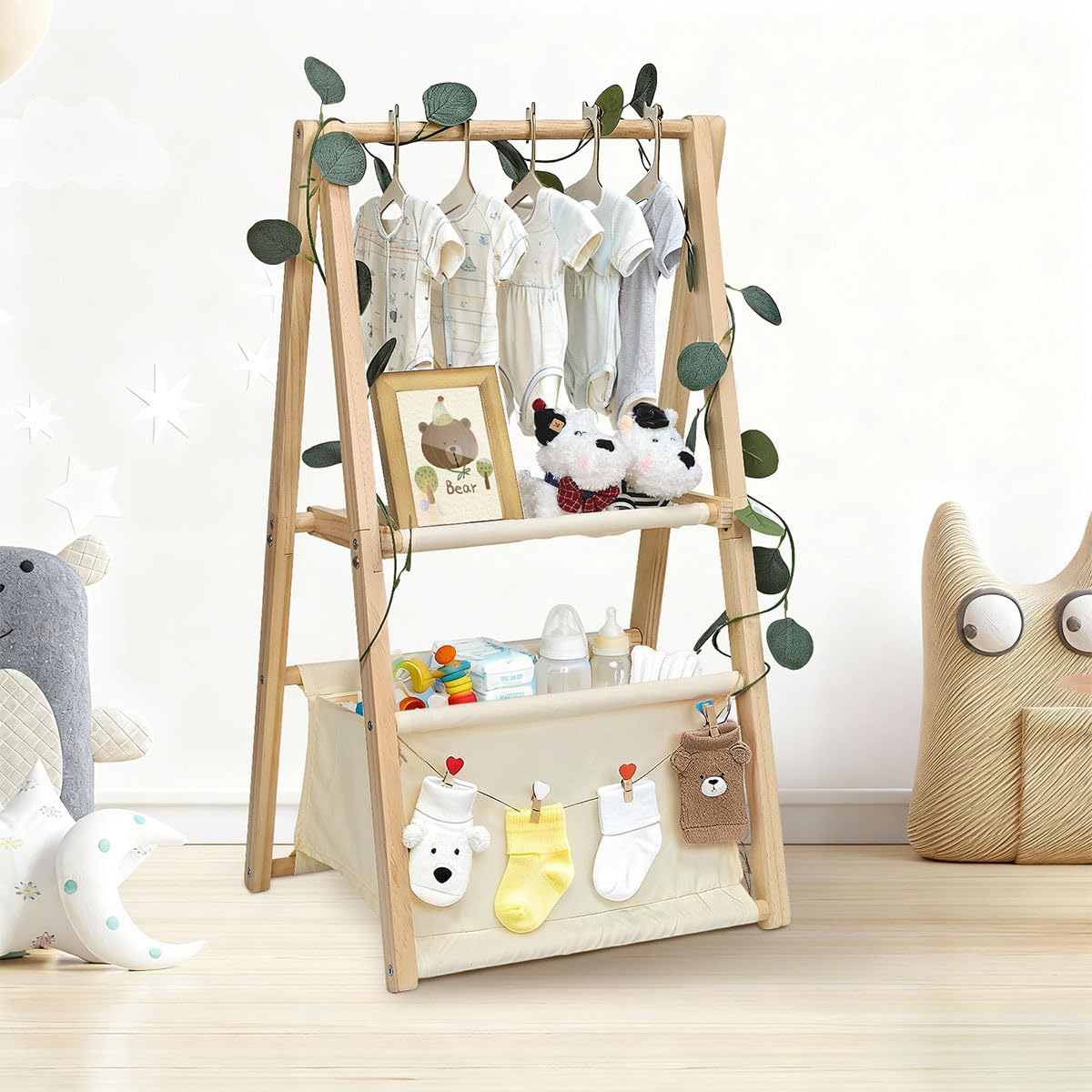 Simabsie Wooden Baby Shower Crate Closet with Hangers, 2-Tier Storage