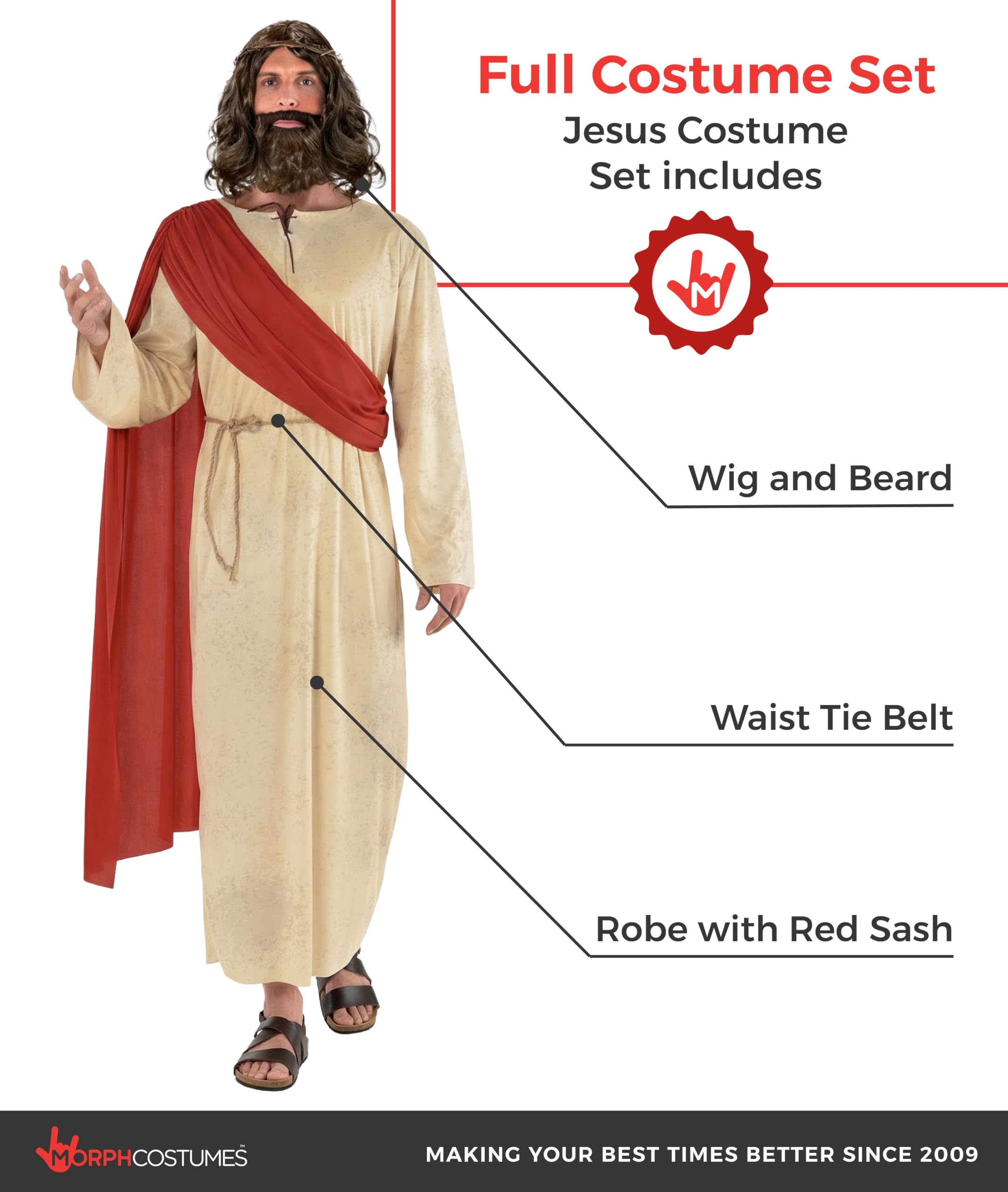 Morph Disfraz Jesucristo Adulto, Disfraz Biblico Halloween Hombre | Capa Crema, Fajín, Cinturón, Peluca & Barba, Figura Religiosa, Perfecto para Halloween, Ideal para Disfrazarse