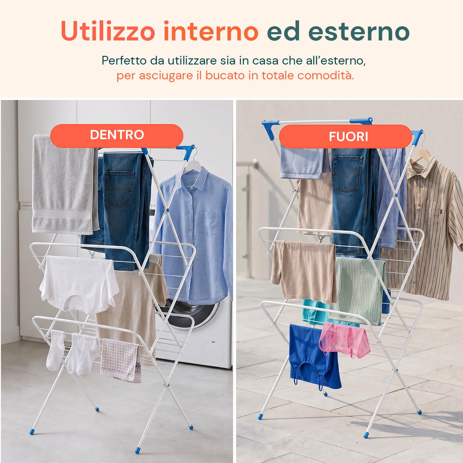 Avilia – Stendino Verticale Salvaspazio Richiudibile in Acciaio con Ganci per Stendere Capi Lunghi, Ideale per Interni ed Esterni, Facile da Chiudere e Riporre