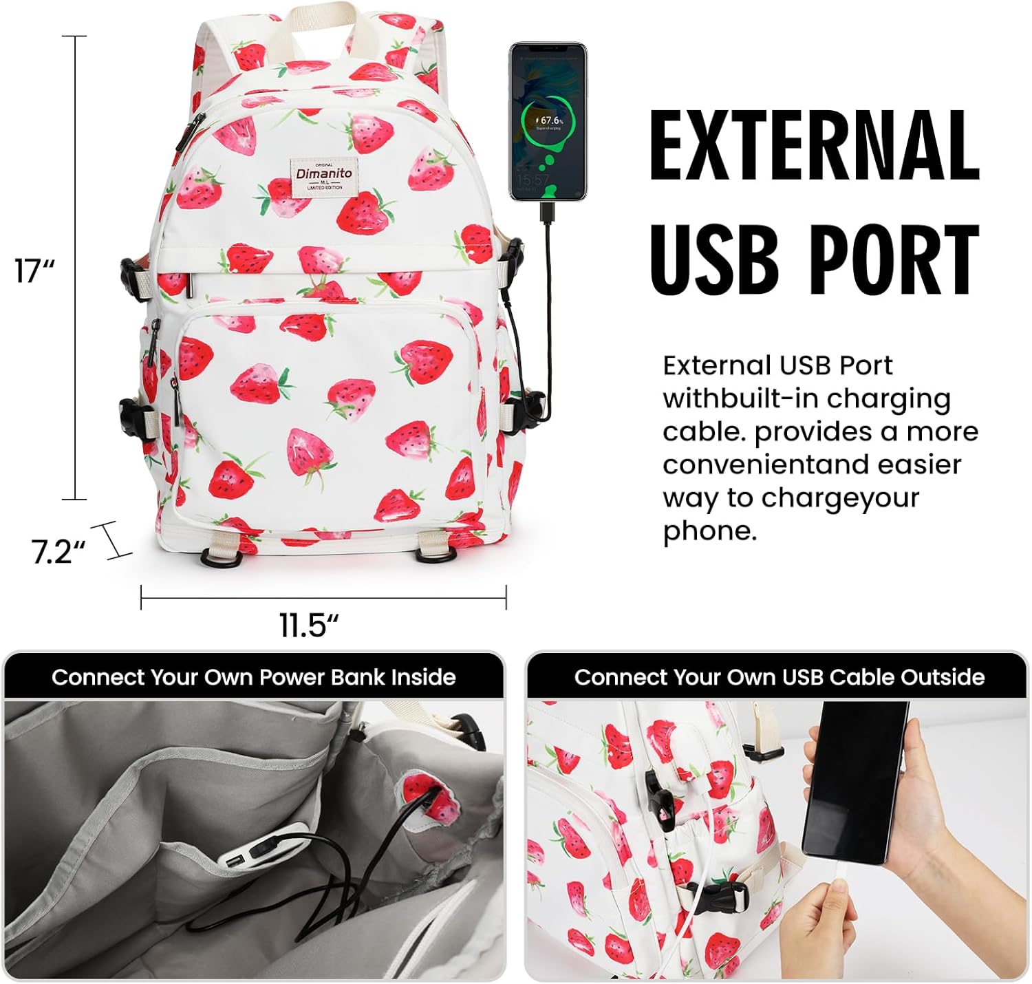 Laptop Backpack with USB charging port for laptop up to 15 inch Men Women College Outdoor Travel Backpack (Strawberry) - Image 5