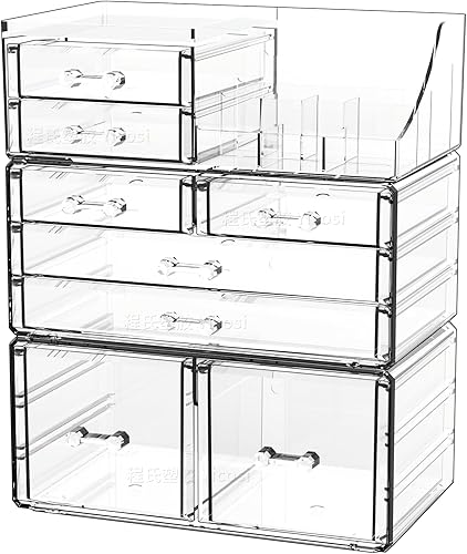 Cq acrylic Paquete de 3 organizadores de maquillaje transparentes para encimera, organizador apilable de 8 cajones para el cuidado de la piel,