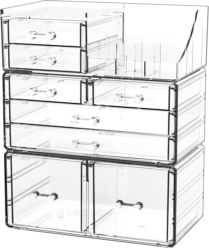 Cq acrylic Organizador de Maquiagem Transparente com 8 Gavetas e 8 Compartimentos, Empilhável, Pacote com 3