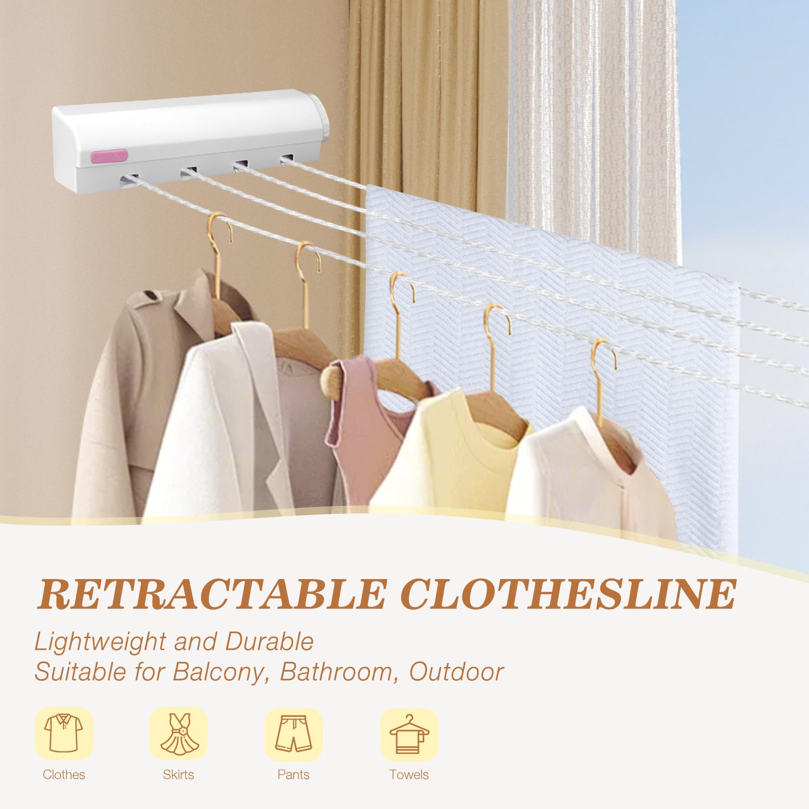 Tendedero RetráCtil Secador De Ropa con Cuerda Ajustable Tendedero Montado En La Pared Tendedero para Ropa, Uso En Interiores O Exteriores(5 Cuerdas)