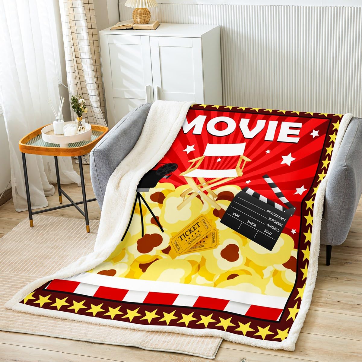 Homemissing Boys Multicolored 13216 Movie Theater Decor Fleece Throw Blanket Kids Popcorn Plush Blanket For Cinema Sherpa Blanket Breathable Movie Night Fuzzy Blanket Room Decor Red Yellow Single 50X60 Inch