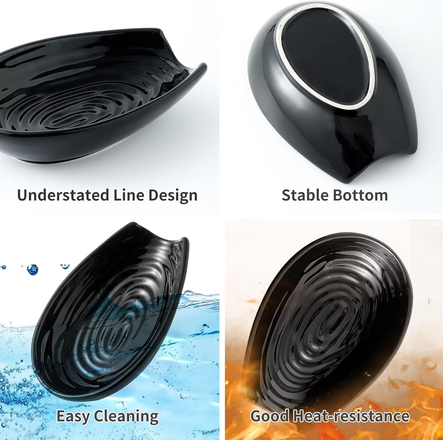 Hasense Spoon Rest for Stove Top, Spoon Holder for Kitchen Counter, Ceramic Cooking Spoon Holder for Ladle Spatula Tong and Spoon, Kitchen Utensil Rest for Home Coffee Bar Farmhouse Decor, Black