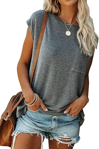 WMZCYXY Camiseta de verano para mujer, sin mangas, cuello redondo, casual, holgada, con bolsillo