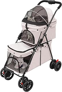 Carrito para mascotas de 2 capas para perros y gatos, plegable con ventana de red, freno y bolsa de almacenamiento, marco estable de acero al carbono, soporta hasta 40 kg, 95 x 60 cm (gris)