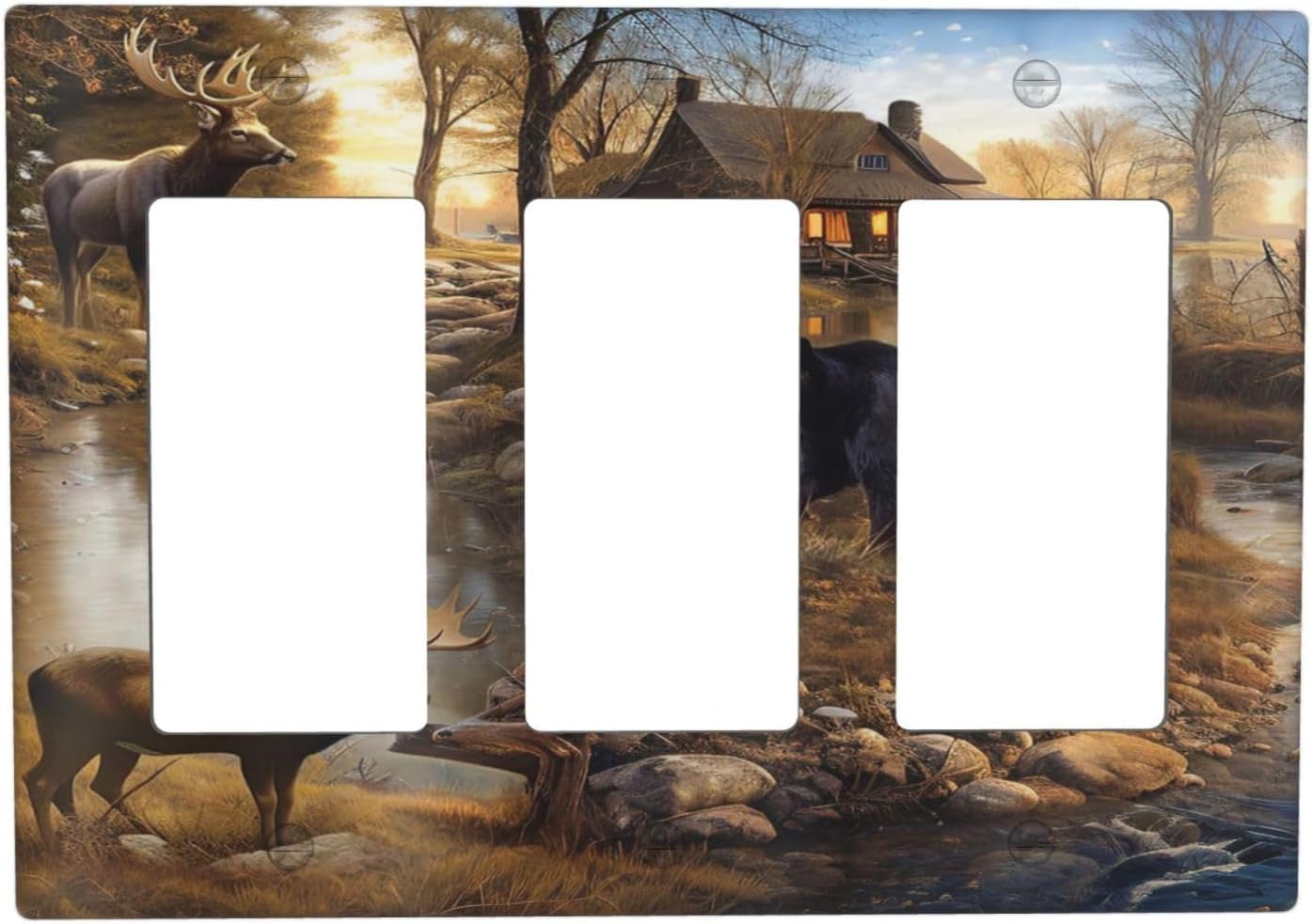 Bear Moose Lodge Woodland Triple Rocker Light Switch Covers 3 Gang Outlet Wall Plate Cover Decorative Switchplate Faceplate GFCI for Bedroom Bathroom Livingroom Decor