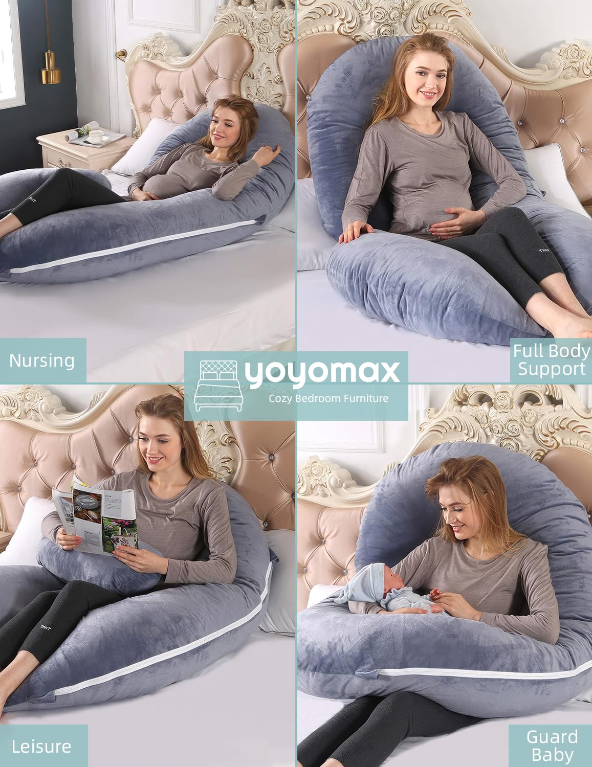 yoyomax Pregnancy Pillows, C Shaped Full Body Maternity Pillow Memory Foam Pregnancy Pillow with Removable Velvet Cover, 52 Inch Pregnancy Pillows for Sleeping-Grey