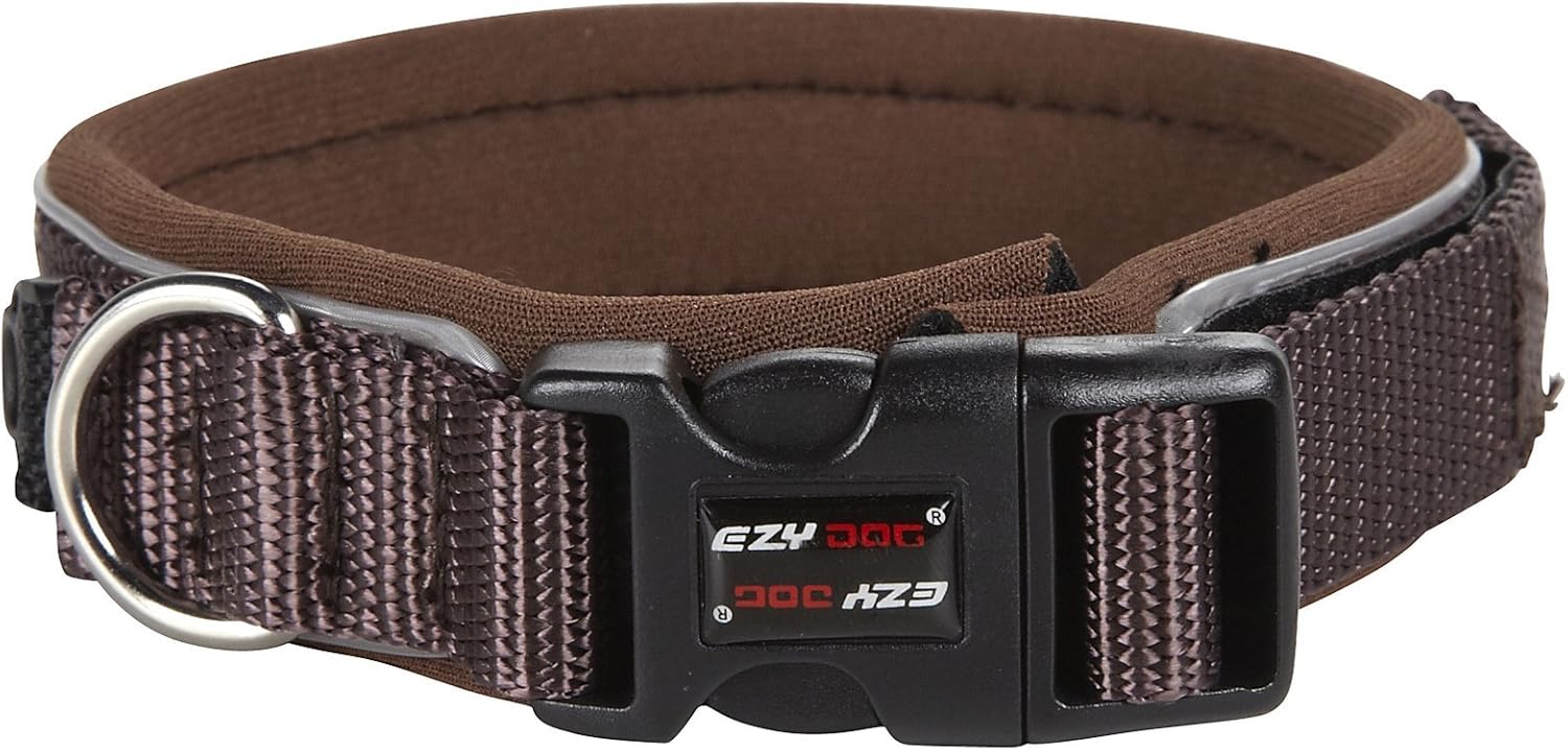 EzyDog Neo Waterproof Dog Collar - Reflective Trim for Nighttime Safety - Adjustable Neoprene Collar with Padding for Superior Comfort - Quick Release Buckle and Built-In ID Clip (Small, Chocolate)