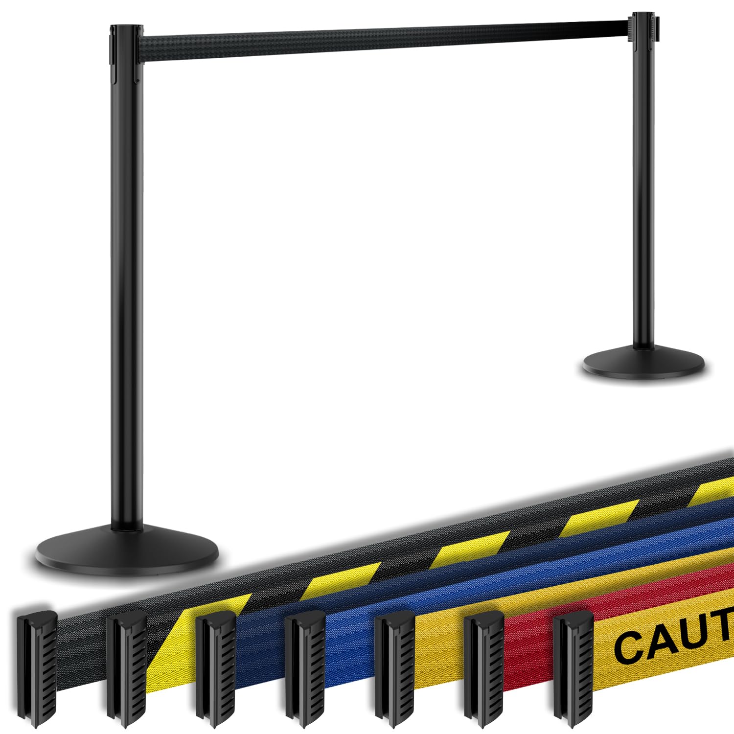 Commercial-Grade Retractable Belt Barrier 2pk by Visiontron, 40” Tall Crowd Control Stanchion, 10’ Long Belt/Visiontron Prime Steel, Self-Straightening No-Tools Assembly, (VS Black Post w/Black Belt)