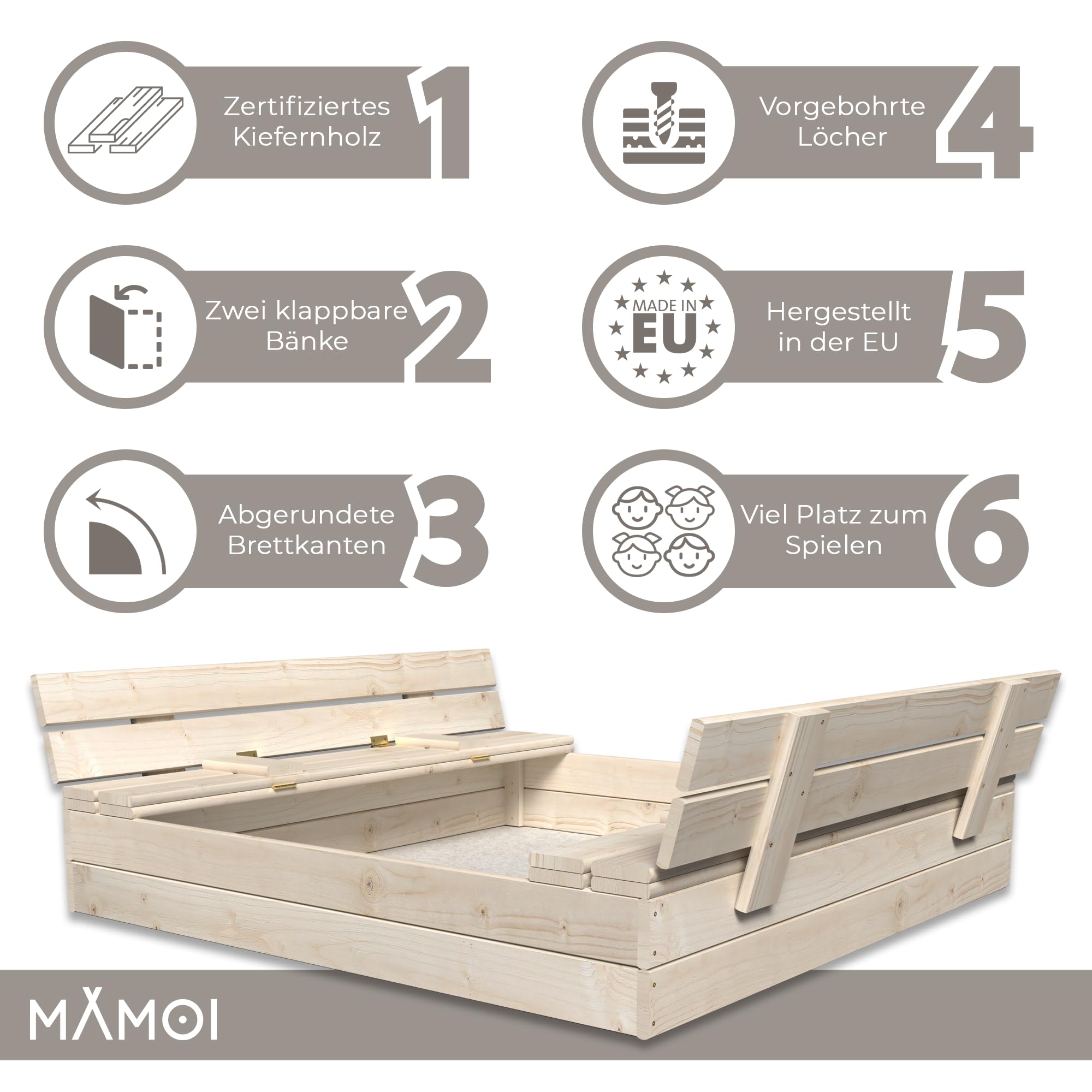 MAMOI® Bac a Sable avec Bache | Bac a Sable en Bois avec Couvercle, Enfant | (Naturel)