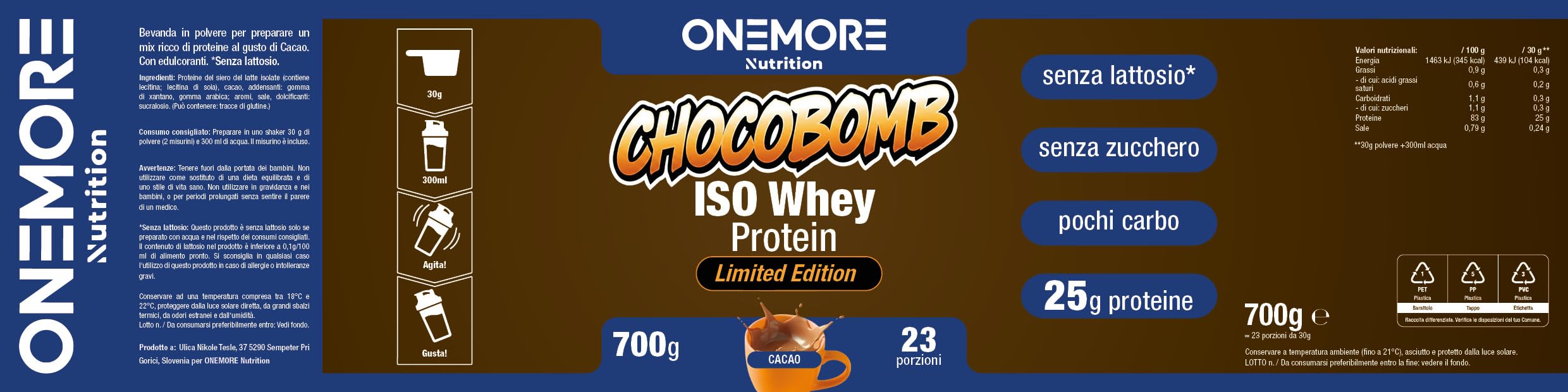 ONEMORE Chocobomb ISO Whey Protein Cioccolato - Proteine Isolate del Siero di Latte - Zero Zuccheri Aggiunti - Alta Digeribilità - Recupero Muscolare Post Workout