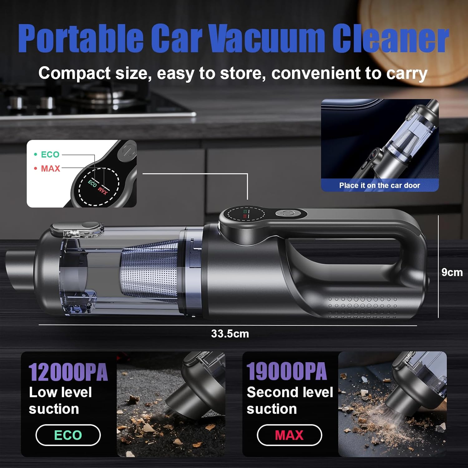 Car Vacuum Portable Cordless-19000 Pa 4 in 1 Handheld Vacuum Cordless Brushless Motor with LED Light and Multi-Nozzles, One-Touch dust Removal for Car, Home, Office, Pet, Black