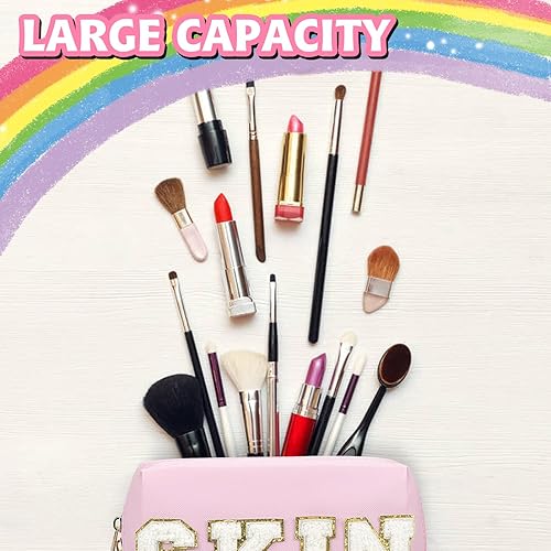Miniatura 5 de Bolsa de maquillaje de parche de piel sintética, portátil, impermeable, para cosméticos, uso diario, para mujeres y niñas, rosado (Pink Skin),