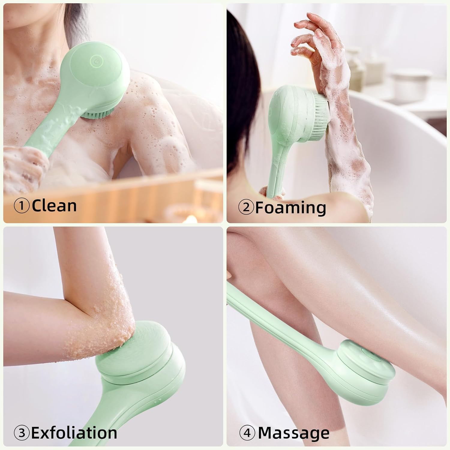 Back Scrubber, Electric Body Scrubber, Dry Brush, IPX7 Waterproof Body Brush Rechargeable USB Charging with Long Handle - Image 2