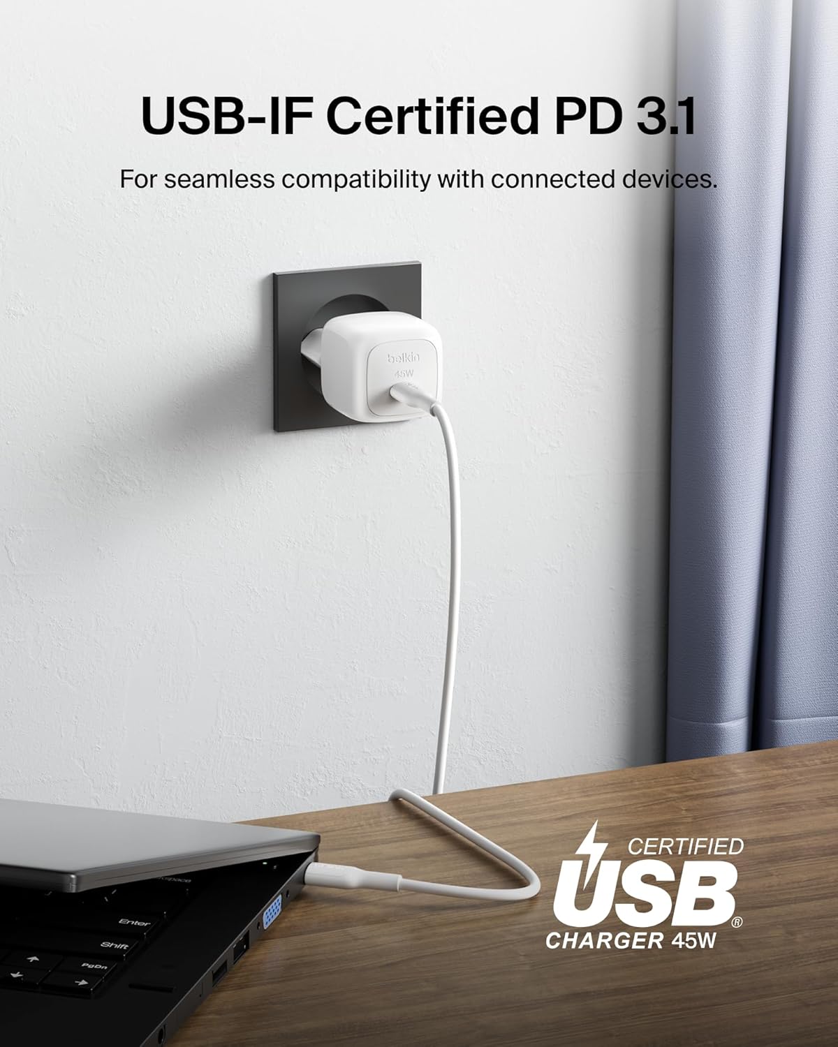 Belkin Compact USB Charger (45W) USB-C Power Delivery Fast Charging for Apple iPhone 16, 16 Plus, 16 Pro, 16 Pro Max, iPhone 15 Series, Samsung Galaxy S25, iPad, AirPods etc. - White