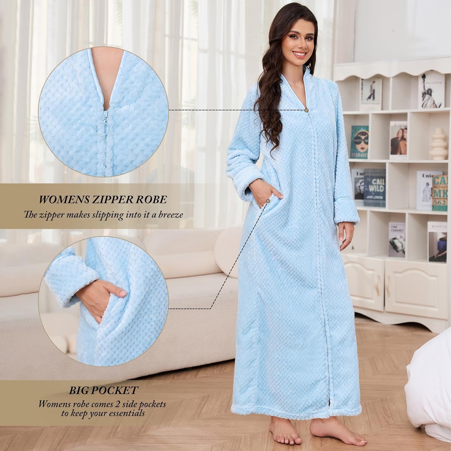 Artfasion Womens Fleece Robe Plush Long Zip Front Bathrobe with Pockets Warm Soft Zippered Bathrobes for Women