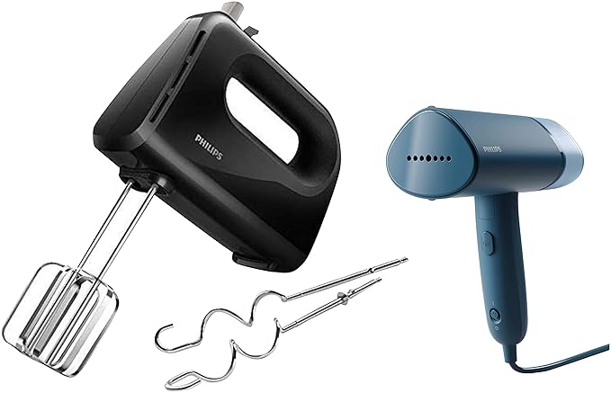 Philips Handheld Garment Steamer STH3000/20 - Compact & Foldable (Reno Blue), Small & Philips 300 Watt Lightweight Hand Mixer, Blender with 5 Speed Control Settings