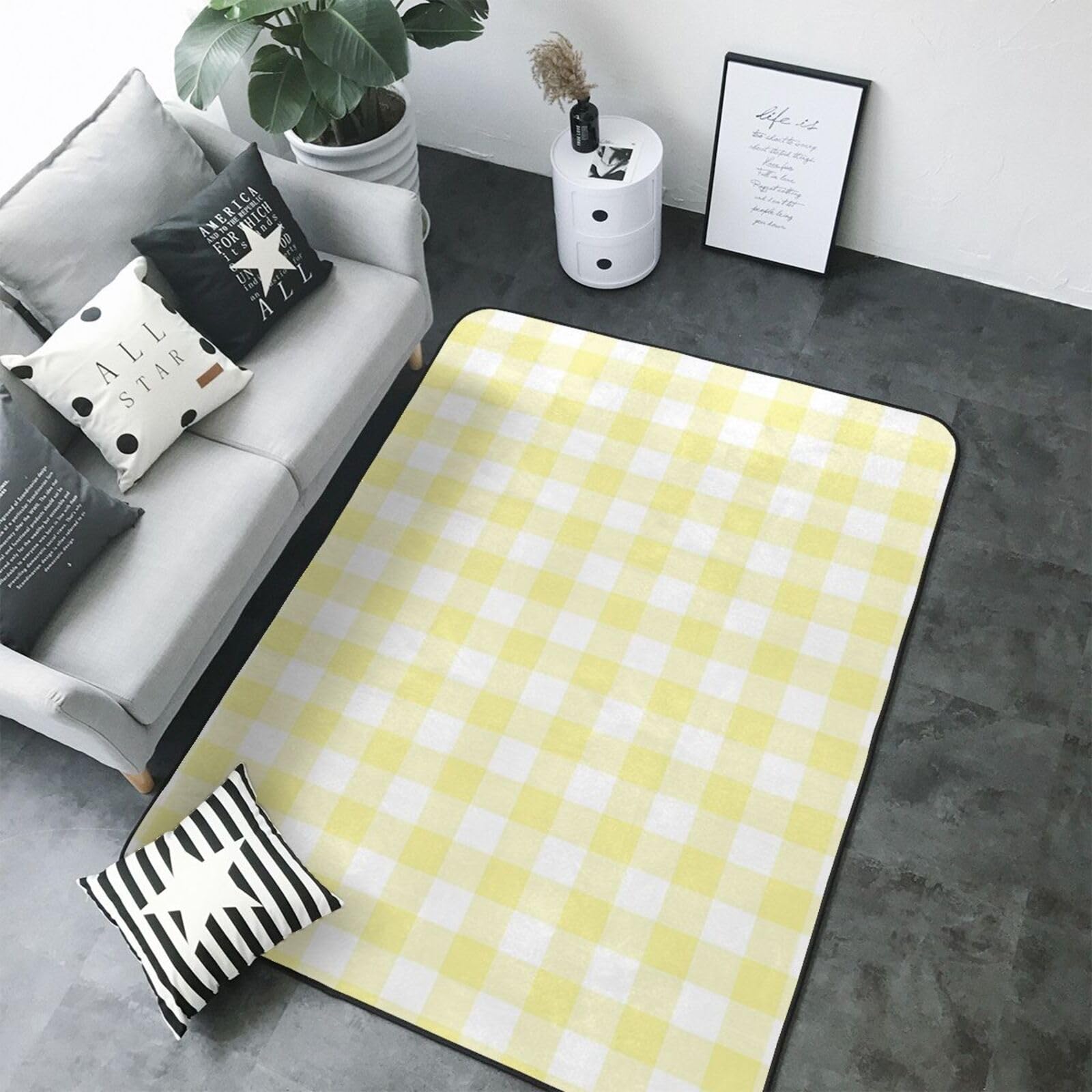 Tapis de salon jaune citron à carreaux lavable pour chambre 203x147 cm