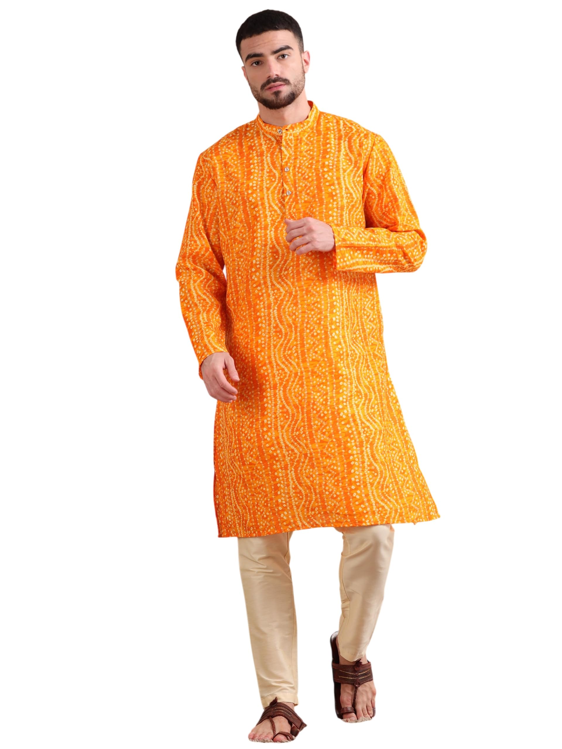 filori Men's Bandhani Print Long Kurta, Ideal for Occasion, Party, Festive, Wedding (Kurta Only) | Yellow Size : Large-picture-22