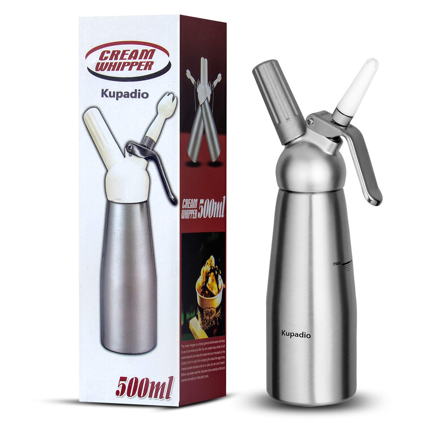 Whipped Cream Professional Whip Cream Dispenser with 3 Culinary Decorating Nozzles and 1 Cleaning Brush, 500mL Cream Whipper Dishwasher Safe for Gift, Homemade Gourmet Maker (Aluminum)…