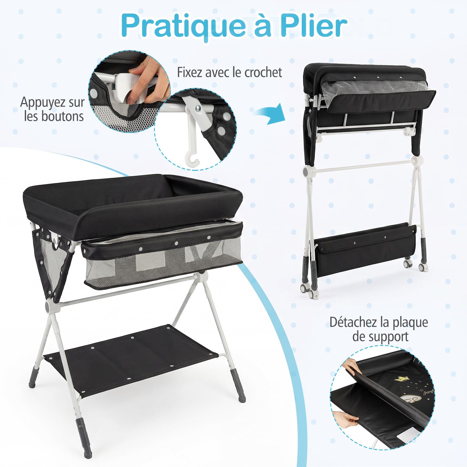 COSTWAY Table à Langer Pliante pour Bébé, Table à Langer Portable Réglable en Hauteur sur 3 Niveaux avec Roulettes Étagère et Panier, Station Organiseur Mobile pour Nouveau-nés (Noir)