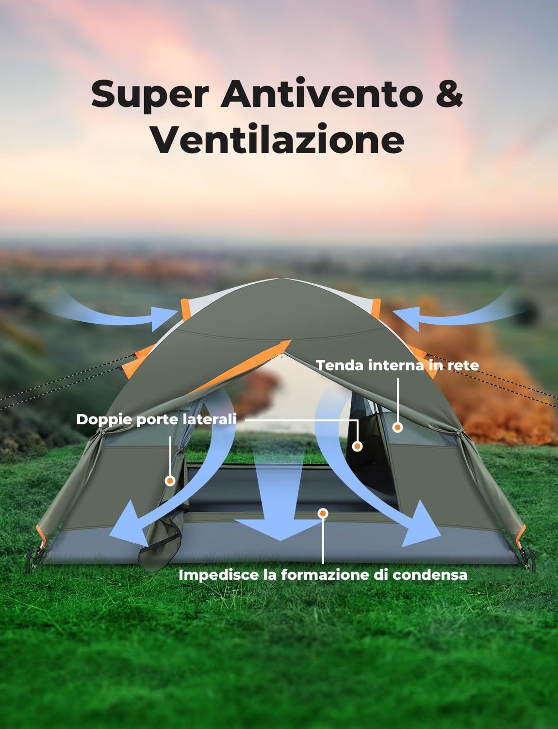 Tenda Campeggio per 2-3 Persone,Tenda da Campeggio impermeabile e Antivento,Copertura Antipioggia Rimovibile, Facile da Montare, Adatto per il Campeggio, Attività All'aperto