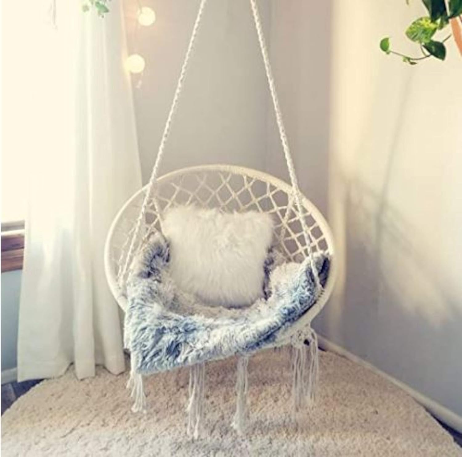 Namaste Macrame Hanging Chair | Indoor/Outdoor Cotton Woven Hammock Chair | Beige | 265 lbs Capacity | Includes Free Hardware Hanging Kit