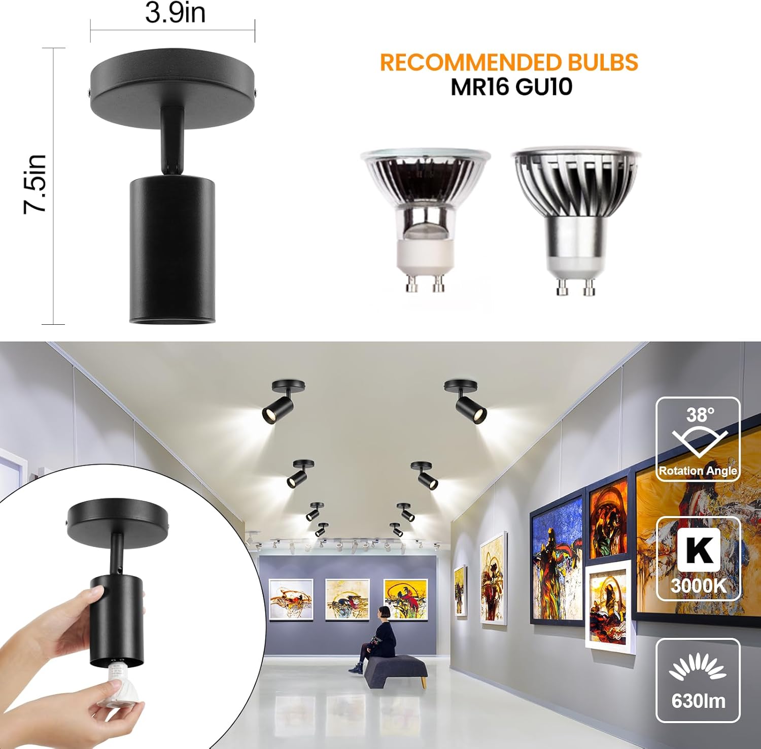 KING SHA 2-Pack Multi-Directional Ceiling Spot Lights Indoor,Uplights Indoor,Adjustable Track Lighting,with 2 Dimmable LED Bulbs 7watts 3000K CRI90+