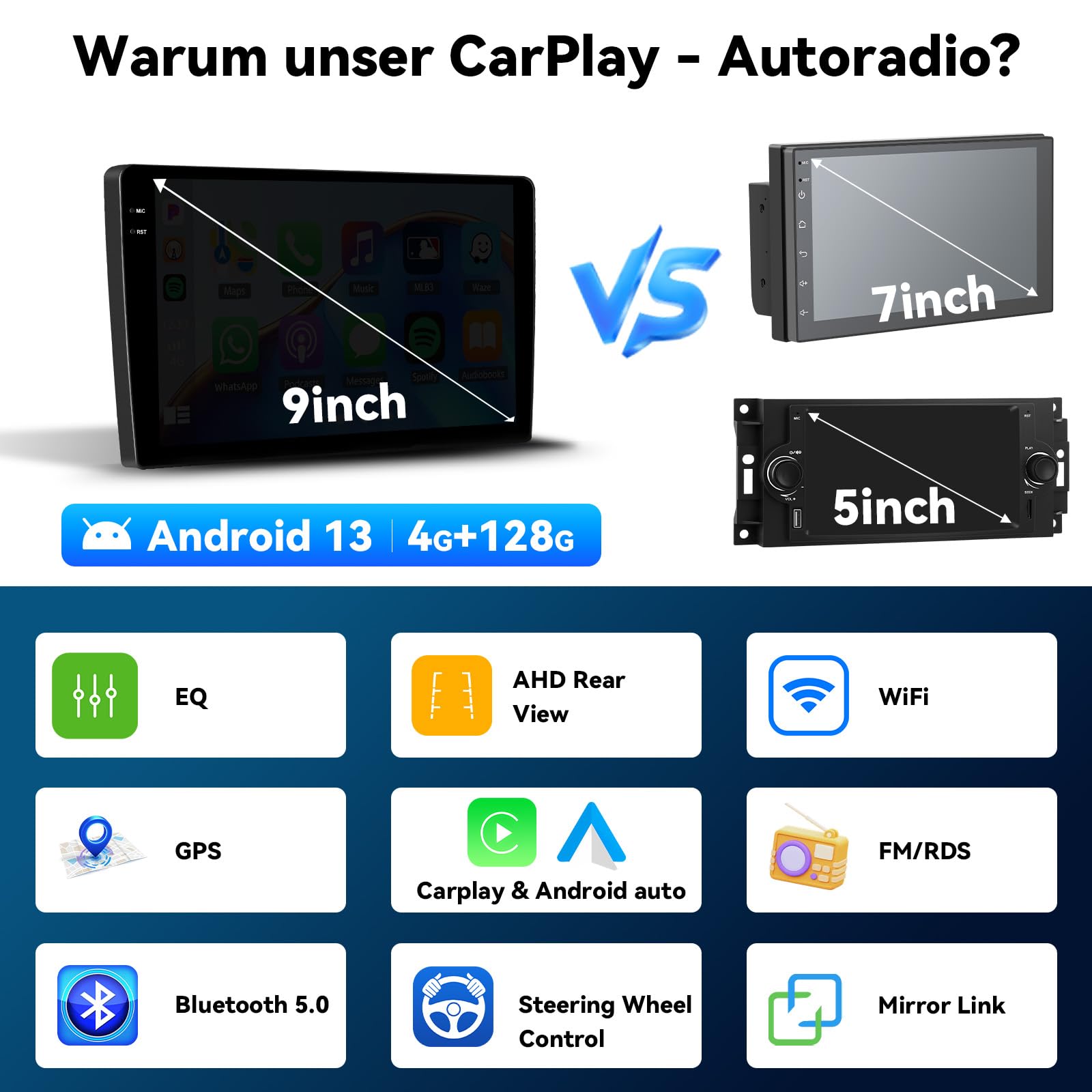 4+128GB Android 13 Inalámbrico Apple Carplay & Android Auto Radio para BMW Serie 1 E81 E82 E87 E88 (2008-2012), 9’’ Pantalla Táctil, Mirror Link, GPS, RDS, SWC, Bluetooth, WiFi, AHD Cámara + Mic