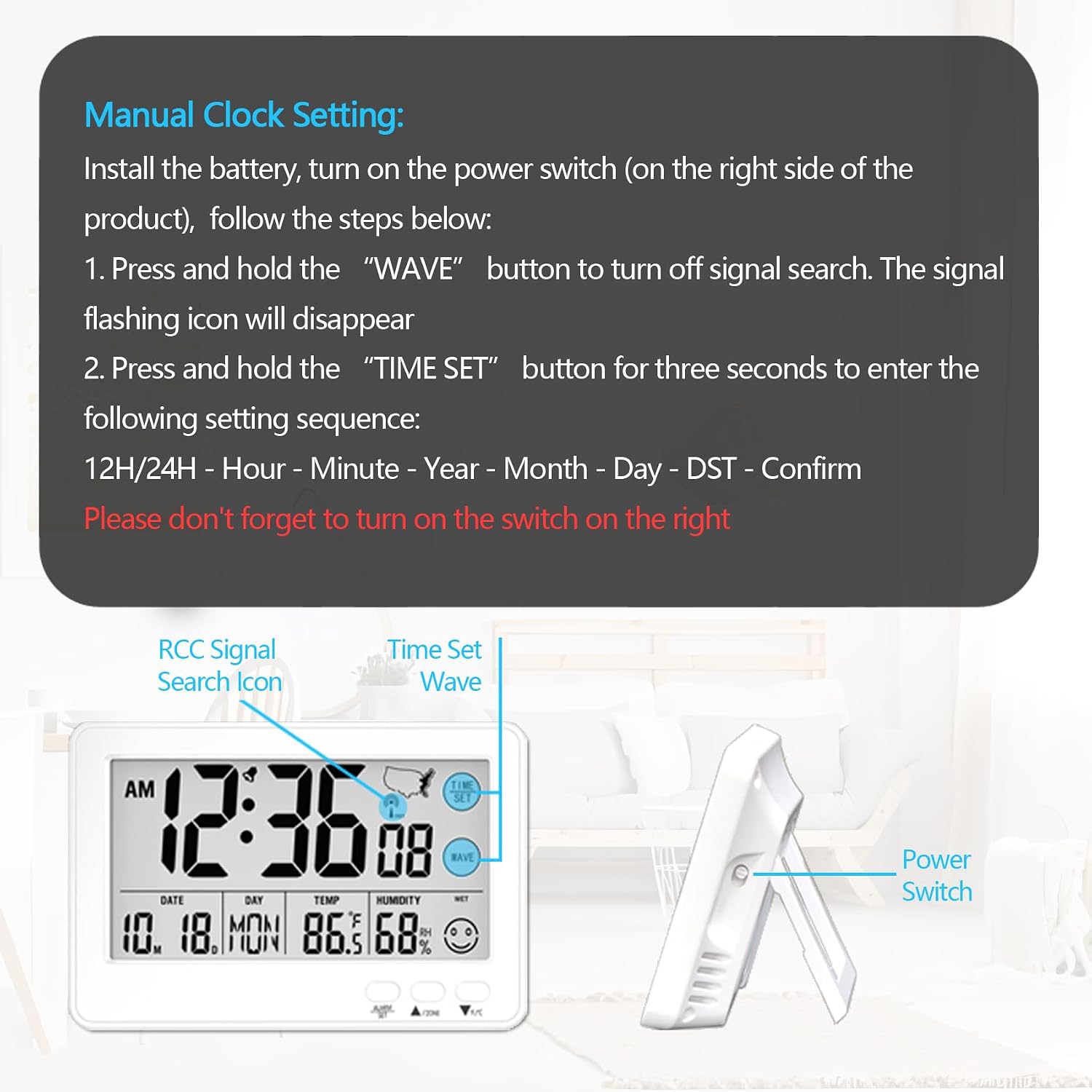 Small Desk Atomic Alarm Clock for Bedroom, Self-Calibrating Time and Date Clock with 4 Time Zone, DST, Temperature, Humidity, Alarm and Snooze for Children's Bedroom, School