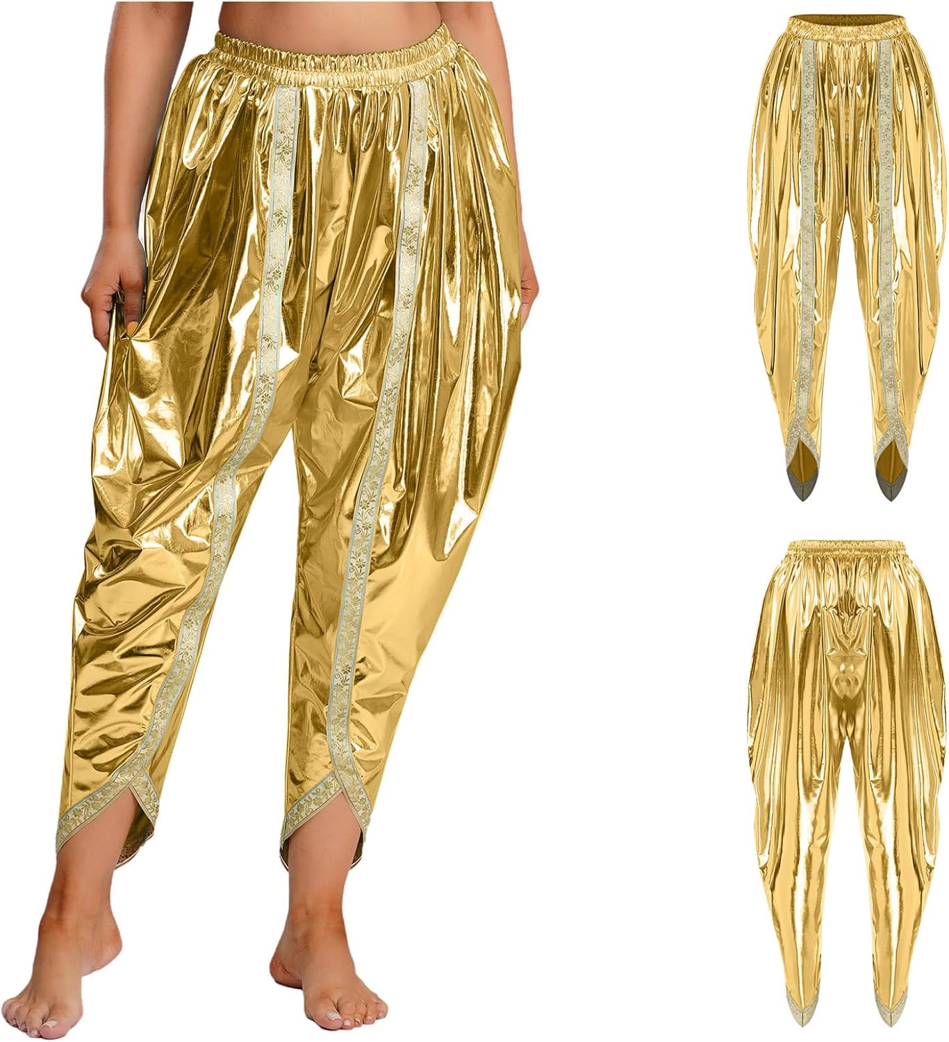 Mufeng Women's Metallic Shiny Dhoti Pants Indian Gold Brocade Trim Arab Baggy Harem Palazzo for Party