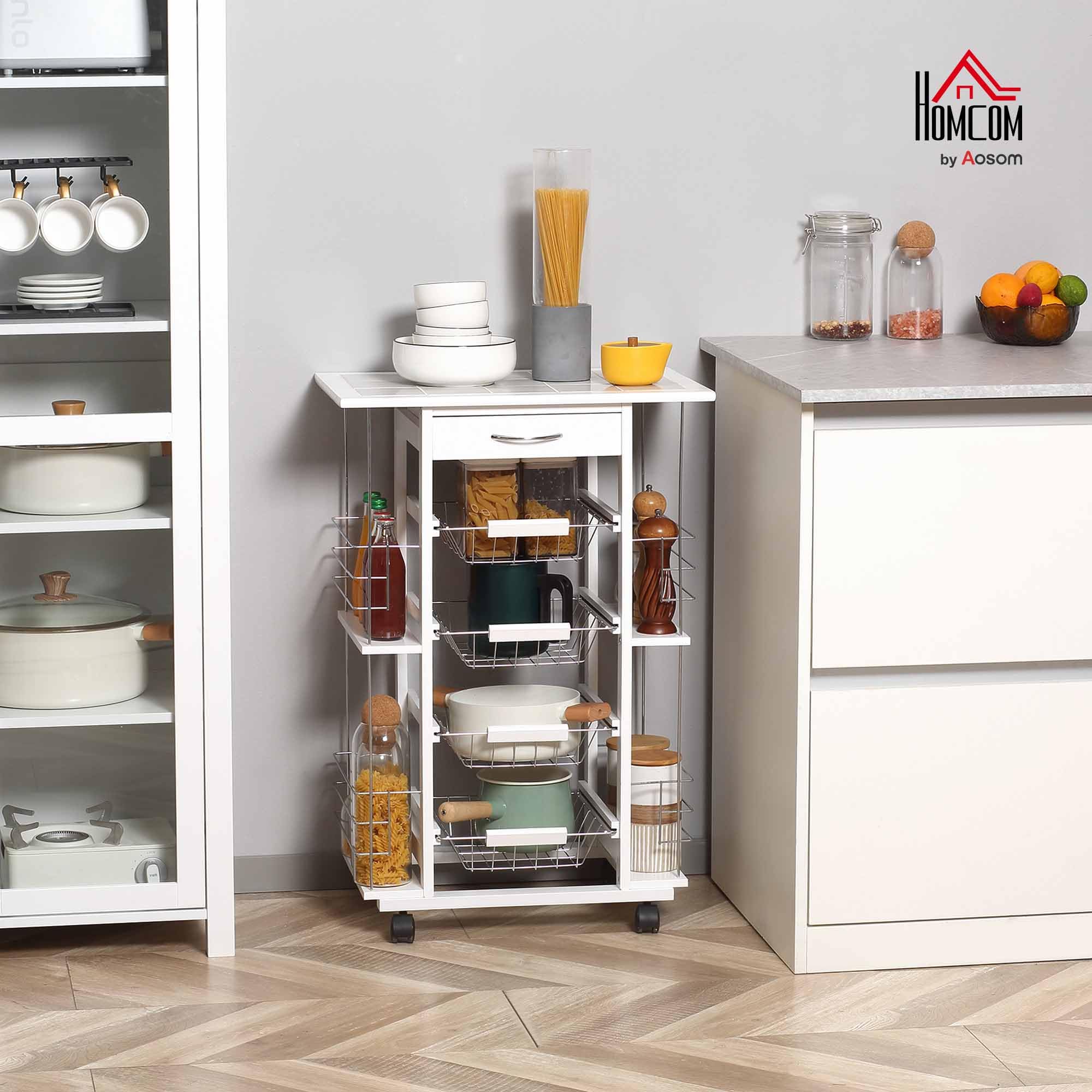 HOMCOM Carrito de Cocina con Ruedas y Encimera Baldosada Carrito Verdulero con Cajón, 4 Cestas Metálicas y 4 Porta Especias Laterales para Comedor 57x37x83 cm Blanco