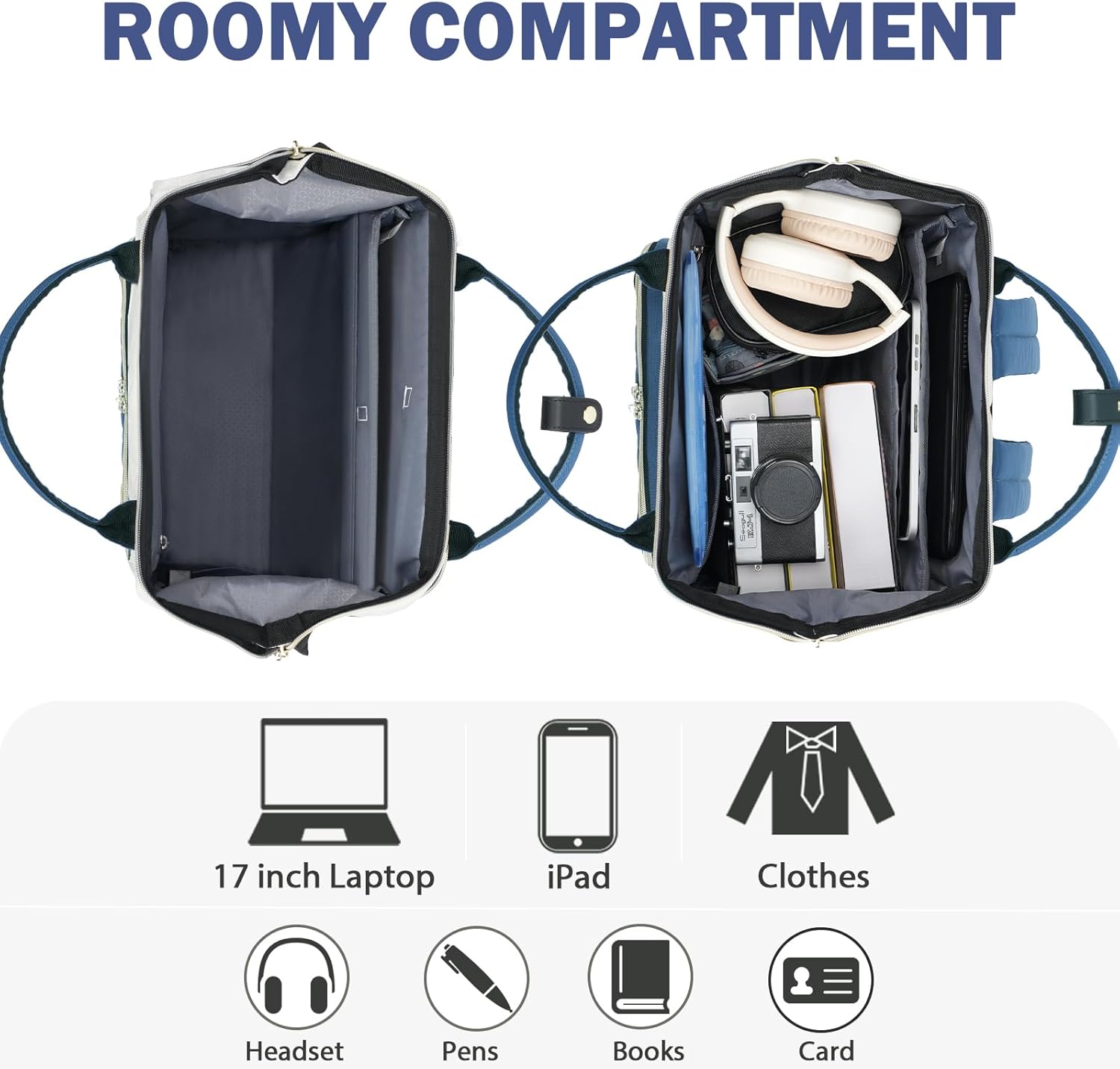 EMPSIGN 17 Inch Laptop Backpack for Women, Work Business Travel Computer College Bags, Large Capacity Water-repellent Quilted Casual Daypack with USB Port, Beige-Haze Blue - Image 3