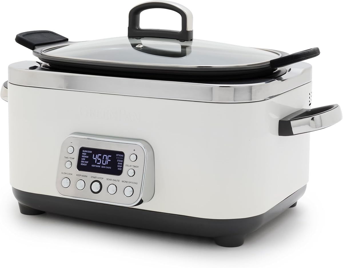 Elite 14-in-1 Nonstick 6QT Electric Slow Cooker, PFAS-Free Ceramic Multi-Cooker, In-Pot Browning, Dishwasher Safe Lid & Removable Crock, Stainless Steel Steamer, Silicone Handles, White