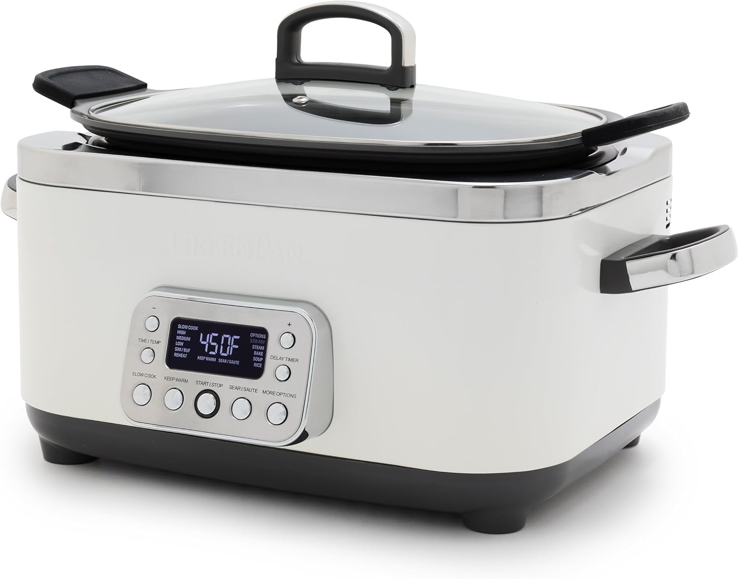 GreenPan Elite 14-in-1 Nonstick 6QT Electric Slow Cooker, PFAS-Free Ceramic Multi-Cooker, In-Pot Browning, Dishwasher Safe Lid & Removable Crock, Stainless Steel Steamer, Silicone Handles, White