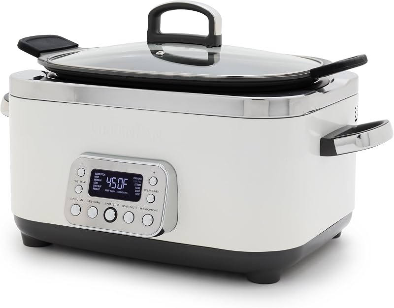 Elite 14-in-1 Nonstick 6QT Electric Slow Cooker, PFAS-Free Ceramic Multi-Cooker, In-Pot Browning, Dishwasher Safe Lid & Removable Crock, Stainless Steel Steamer, Silicone Handles, White