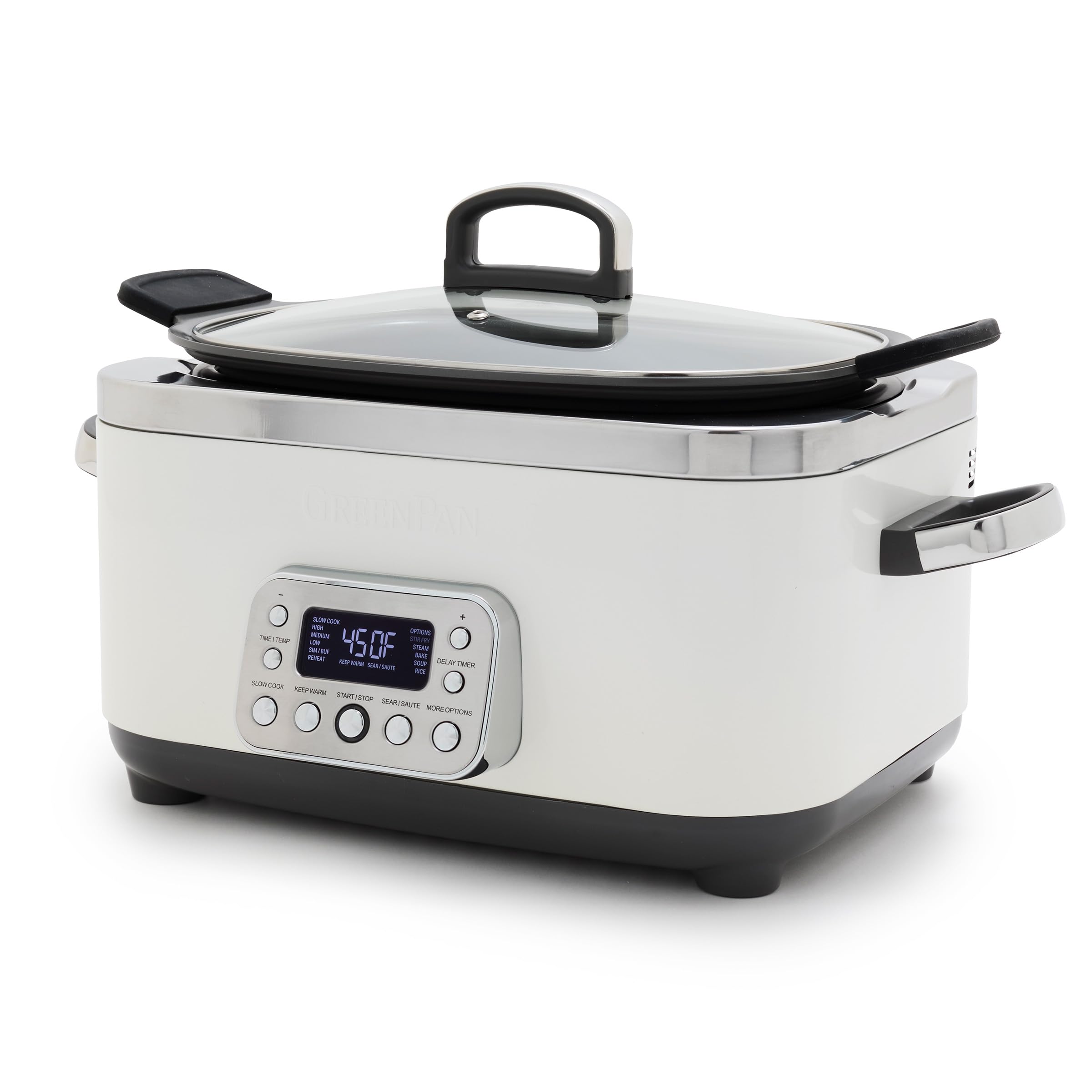 GreenPan Elite 14-in-1 Nonstick 6QT Electric Slow Cooker, PFAS-Free Ceramic Multi-Cooker, In-Pot Browning, Dishwasher Safe Lid & Removable Crock, Stainless Steel Steamer, Silicone Handles, White
