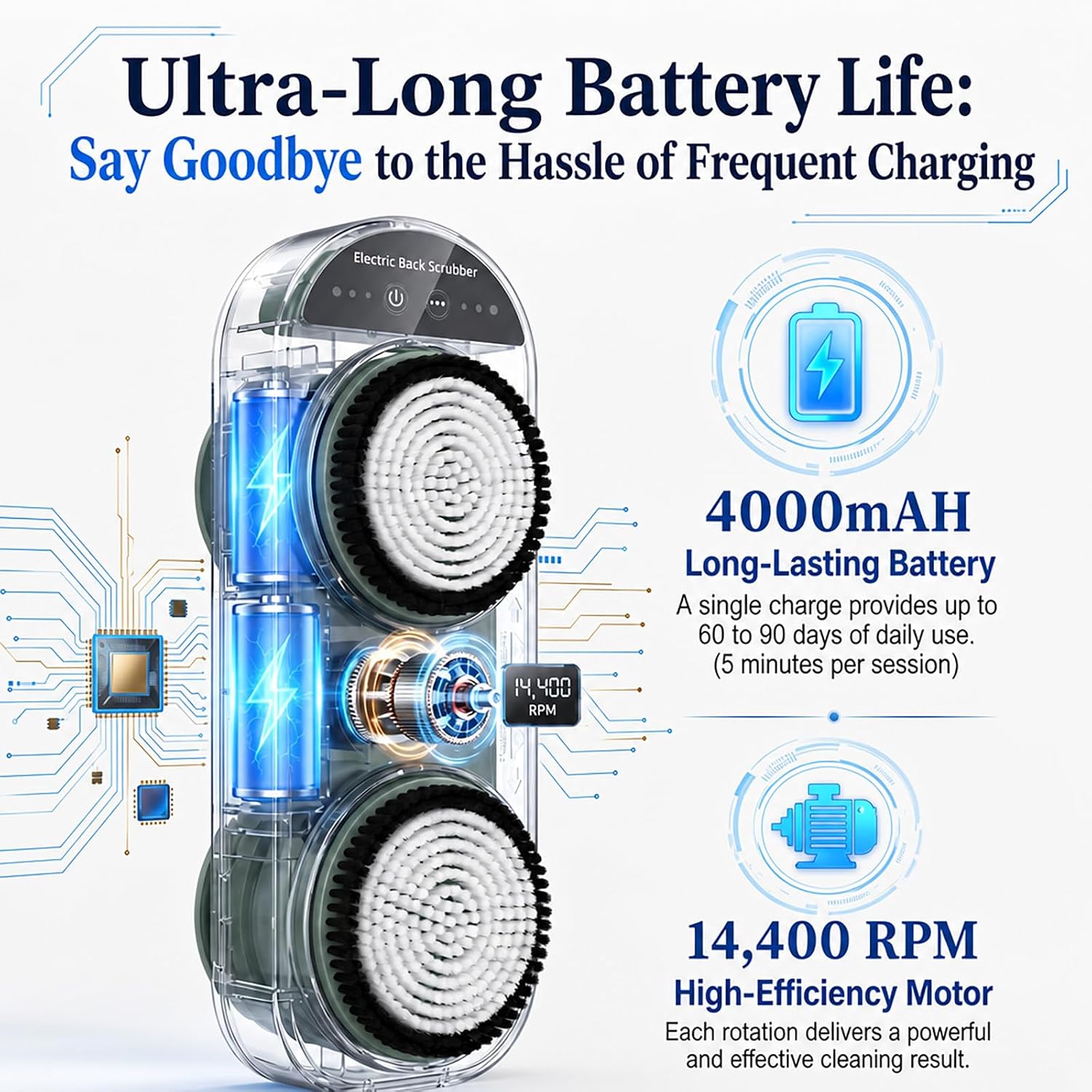 Electric Back Scrubber for Shower, Shower Back Scrubber Wall Mounted, IPX7 Waterproof, 3-Speed Adjustment, Hands-Free Automatic Body Scrubber, 2 Rotating Cleaning Brush Heads, Deeply Cleanse Skin