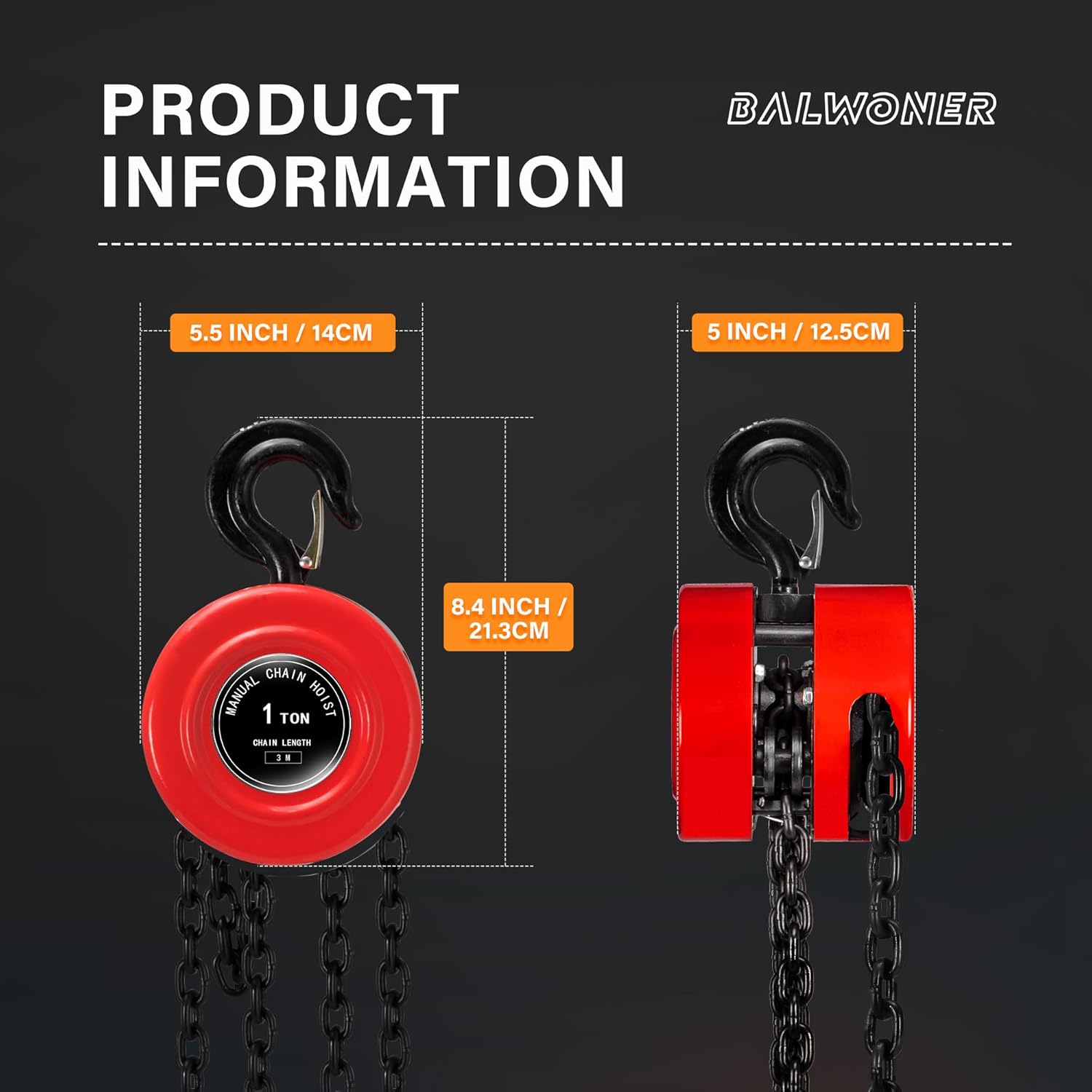 1 Ton 10 Feet Manual Hand Chain Block Hoist with 2 Heavy Duty Hooks for Lifting Red