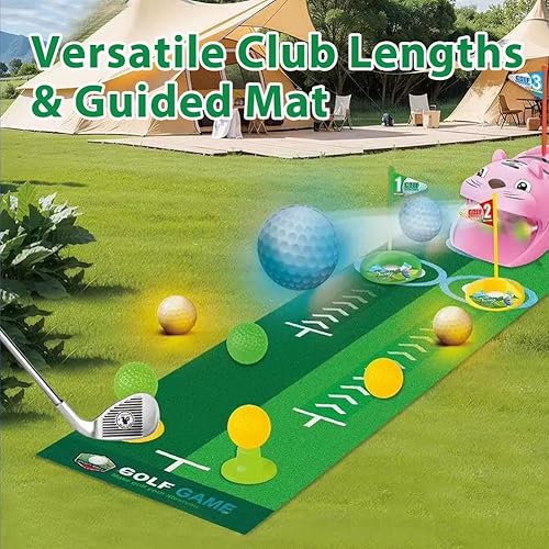 Miniatura 3 de Juego de golf de juguete mejorado para niños con retorno automático de bolas, pelotas de golf con luz LED, 3 clubes, tapete de putt, juegos de mini