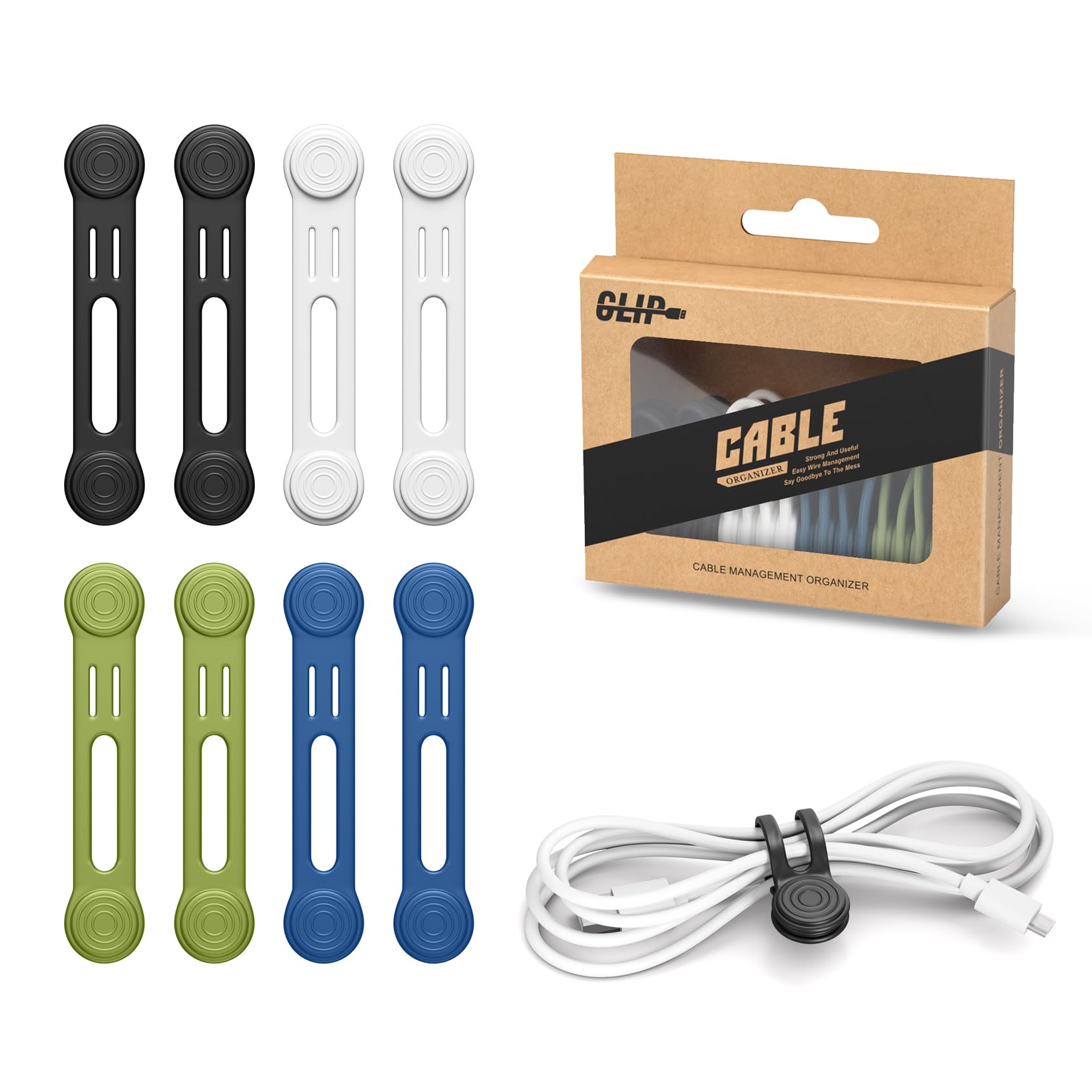 Kanemc Black/White/Blue/Green Magnetic Cable Ties, 8 Pcs Reusable Cable Ties Cord Organiser, Magnetic Cable Tidy Clips Silicone Cable Straps For Organizing And Bundling Wire, Charging Cords, Earphone()