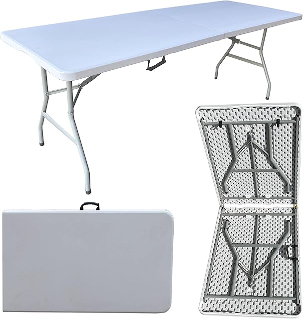 6.7ft Folding Table, Trestle Heavy Duty Plastic Fold-in-Half Portable Dining Table w/Carry Handle Indoor Outdoor for Camping Picnic Garden Party BBQ