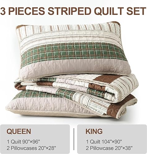Vista 50 de DJY Juego de edredón a rayas tamaño Queen, juego de colcha bohemia de 3 piezas de color verde salvia, juego de ropa de cama de microfibra suave