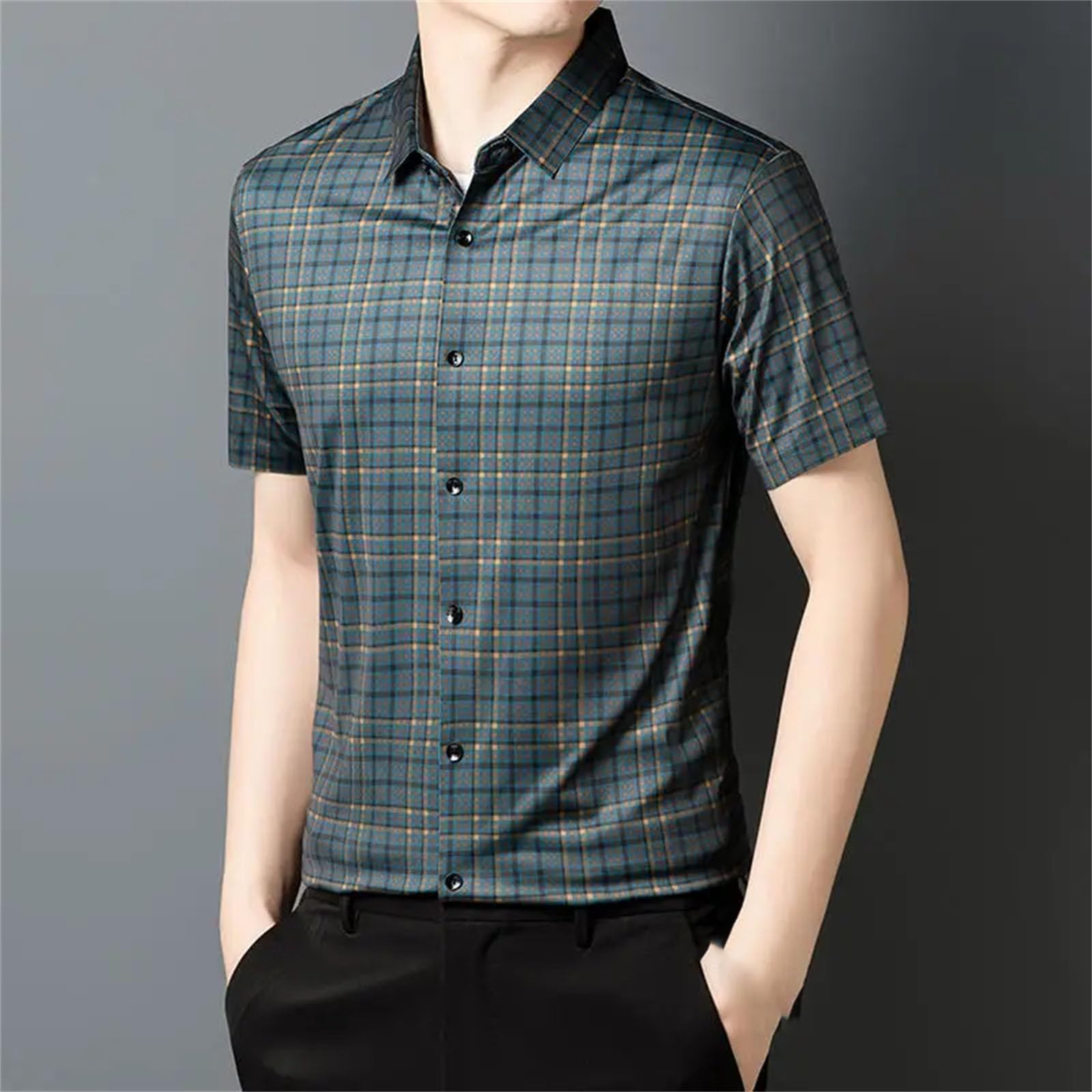 Camicia da uomo a maniche corte con bottoni, sottile, casual, resistente, design scozzese