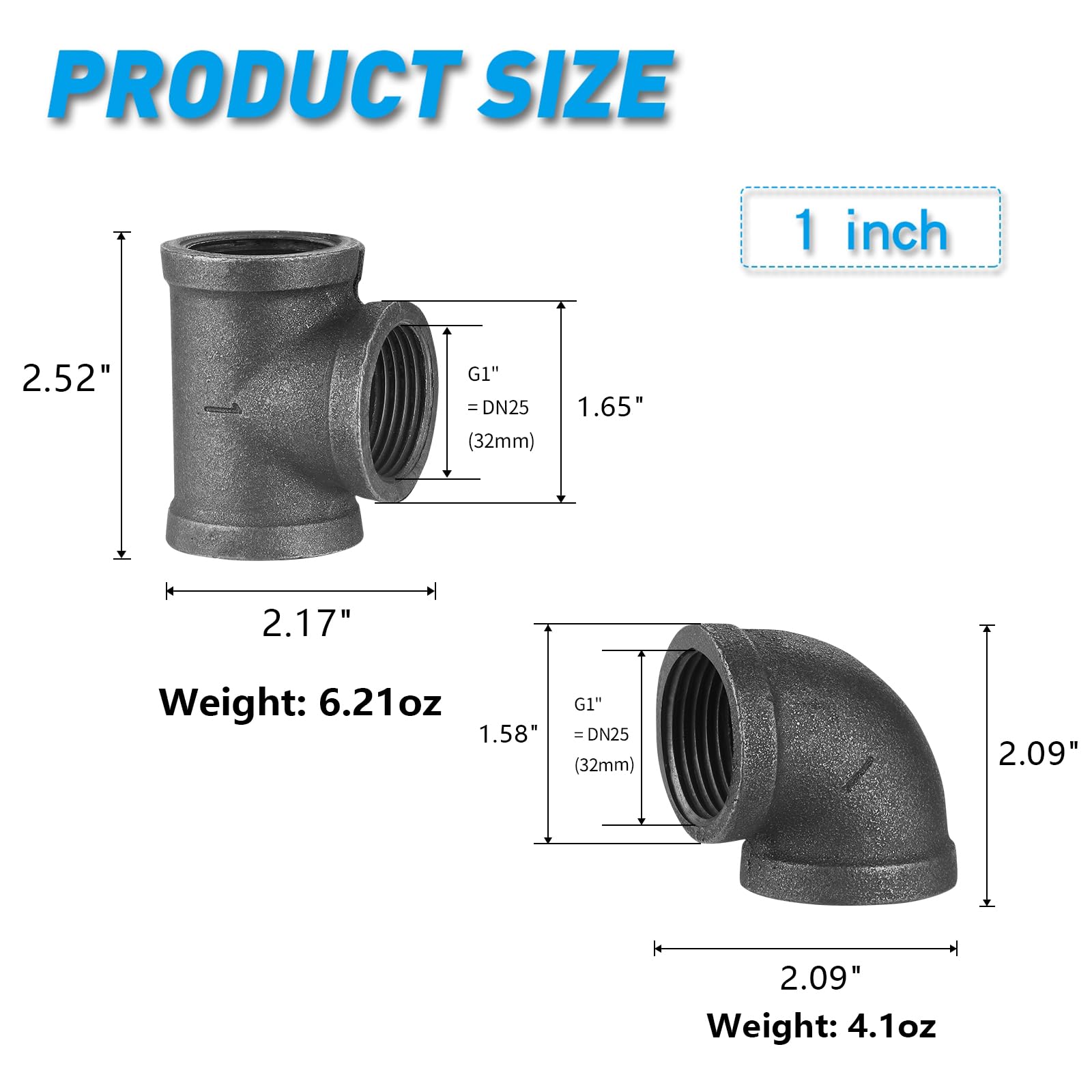 Codo de tubería de 2,54 cm, 20 unidades roscadas de hierro fundido maleable negro para proyectos de decoración de tuberías, muebles y estanterías (10 tees+10 codos)
