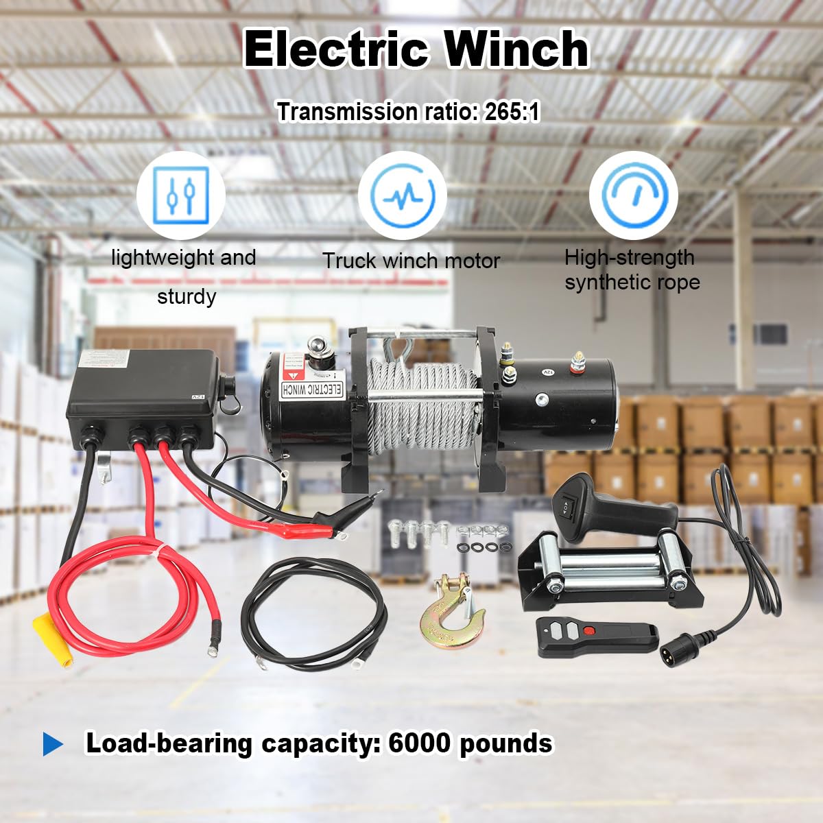 Elektrische Seilwinde 12V 6000 lbs / 2722 kg, mit Synthetikseil & Funkfernbedienung, Offroad Motorwinde Seilzug Elektrowinde, IP67 wasserdicht für LKW, SUV, ATV, UTV, Anhänger